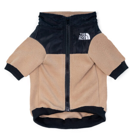 Khaki and black colorblock fleece dog jacket with TDF logo inspired by North Face