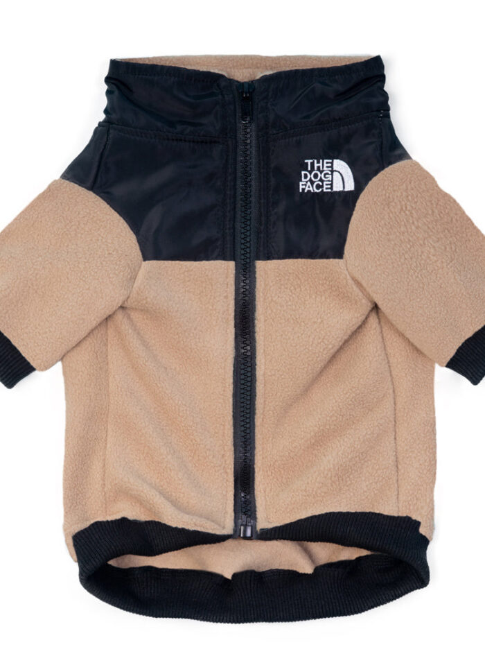 Khaki and black colorblock fleece dog jacket with TDF logo inspired by North Face
