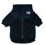 Black colorblock fleece dog jacket with nylon panels and ribbed cuffs North Face style