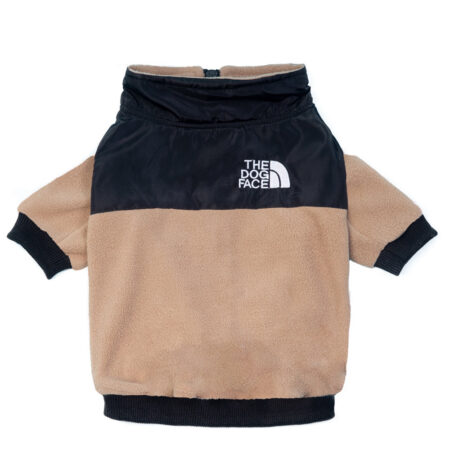 Back view of TDF fleece jacket showing colorblock design and hood construction