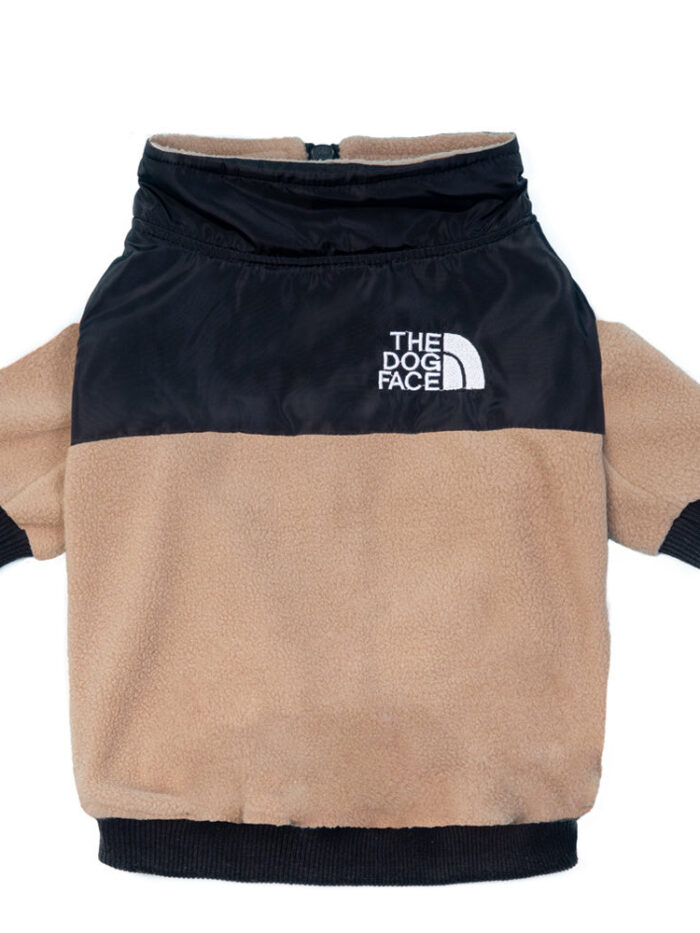 Back view of TDF fleece jacket showing colorblock design and hood construction