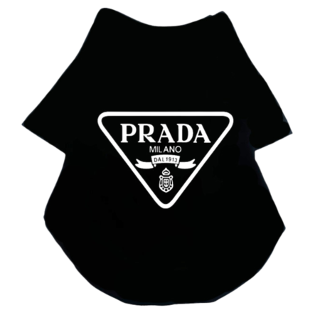 Black dog tee with white Prada triangle logo inspired design flat lay