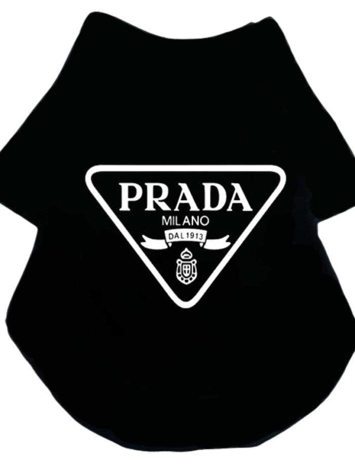 Black dog tee with white Prada triangle logo inspired design flat lay