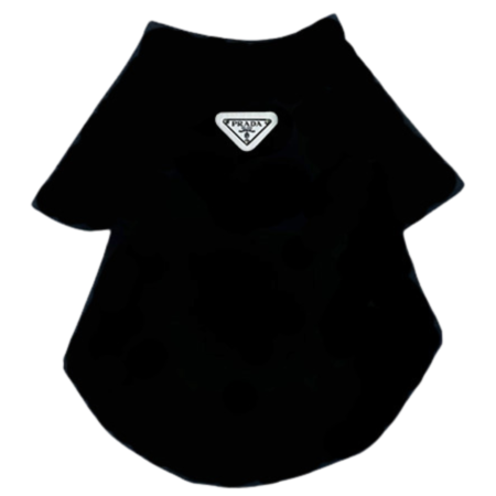 Black Prada inspired dog t-shirt with triangle logo on white background