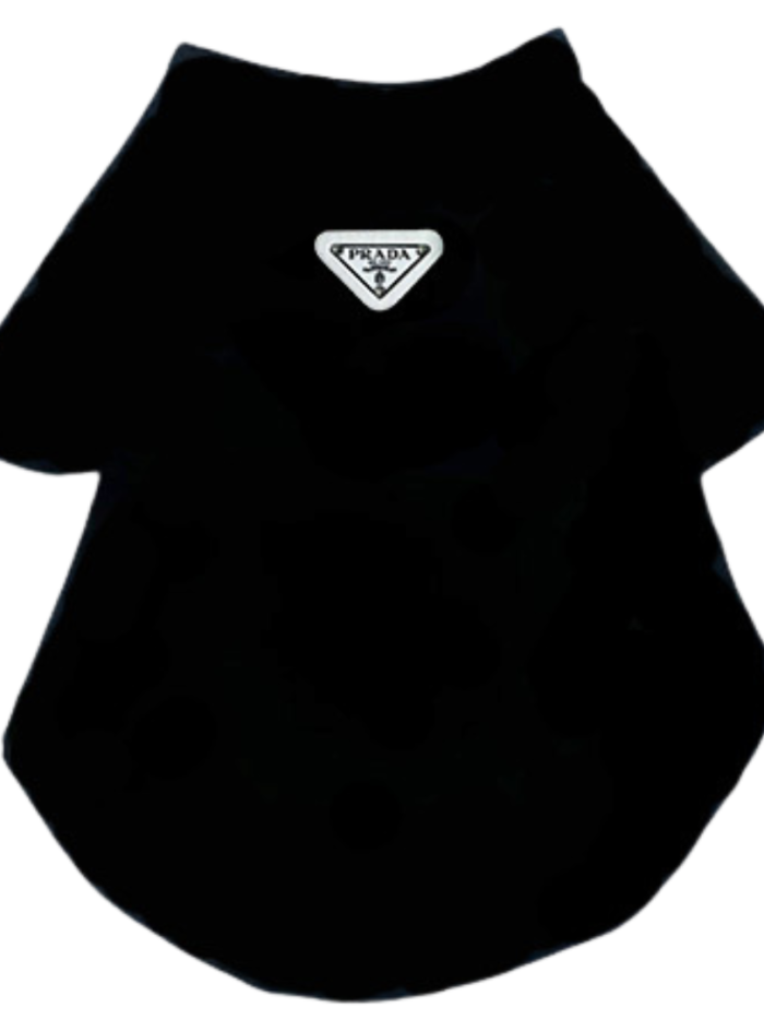 Black Prada inspired dog t-shirt with triangle logo on white background