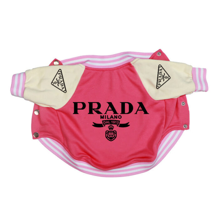 Pink varsity bomber dog jacket with cream sleeves and Prada triangle logos on arms