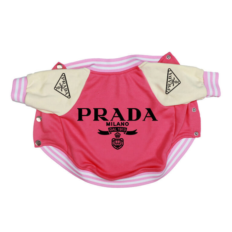 Pink varsity bomber dog jacket with cream sleeves and Prada triangle logos on arms