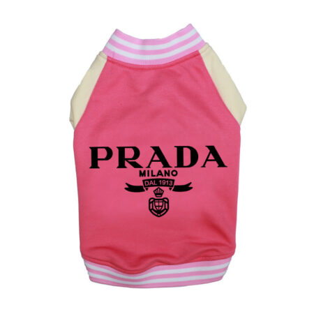 Pink dog varsity jacket with snap front closure and striped ribbed trim