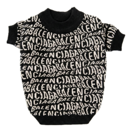 Black knit dog sweater with all-over white Pawlenciaga logo repeat pattern Balenciaga inspired