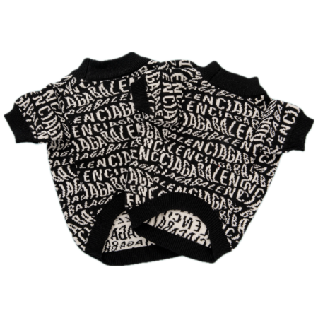 Back view of black logo print dog sweater showing dense white text coverage Balenciaga style