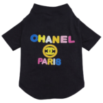 Black dog tee with multicolor CHANEL PARIS text and yellow interlocking logo inspired by Chanel