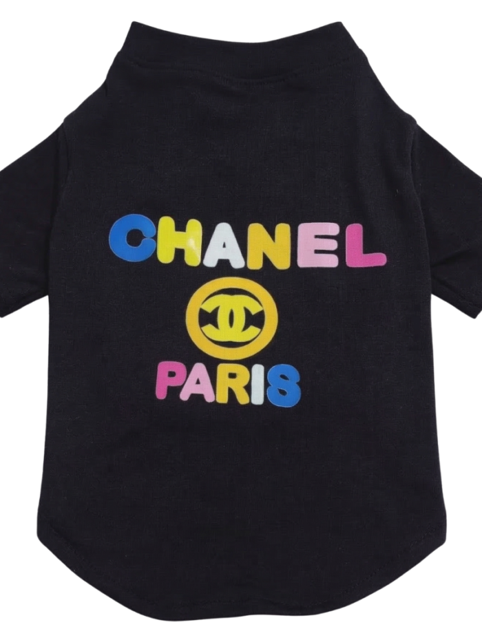 Black dog tee with multicolor CHANEL PARIS text and yellow interlocking logo inspired by Chanel