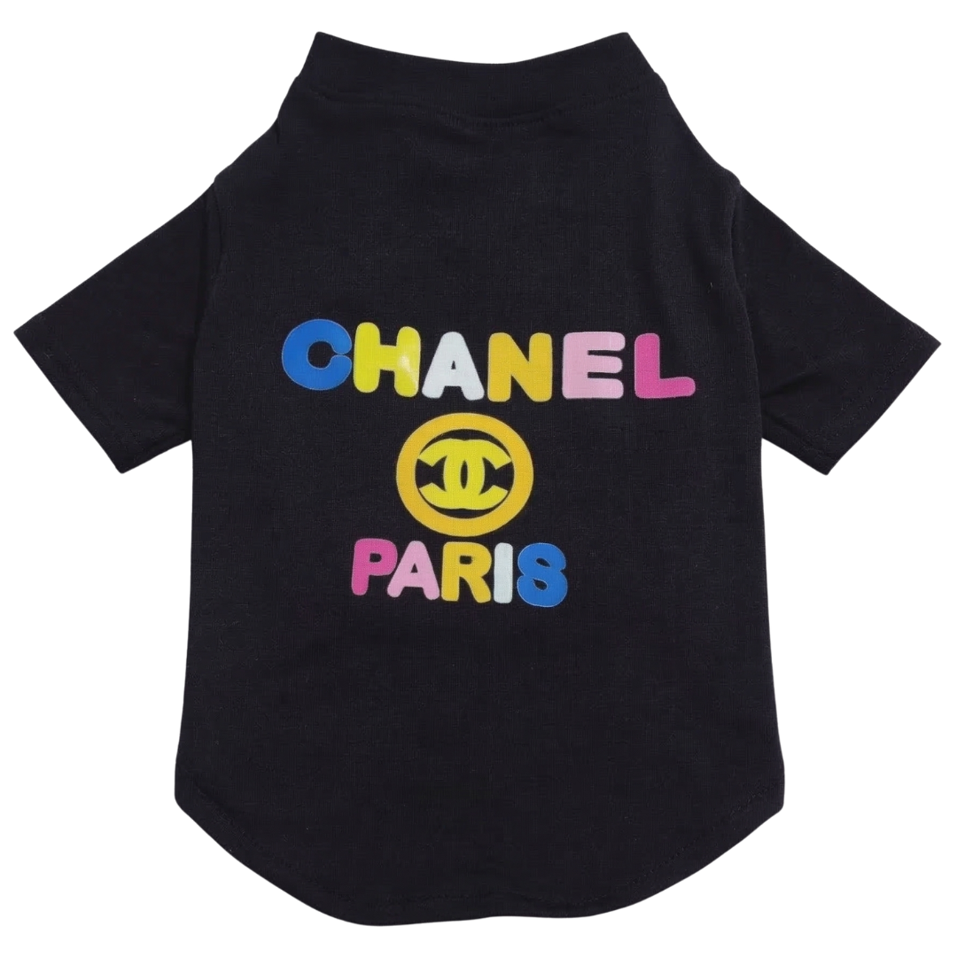 Black dog tee with multicolor CHANEL PARIS text and yellow interlocking logo inspired by Chanel