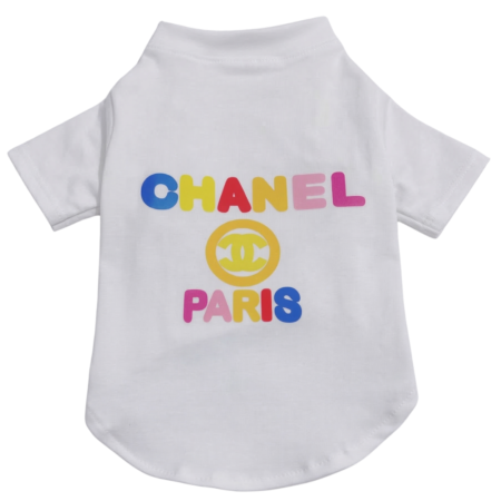White dog tee with multicolor CHANEL PARIS graphic and yellow circular logo Chanel style