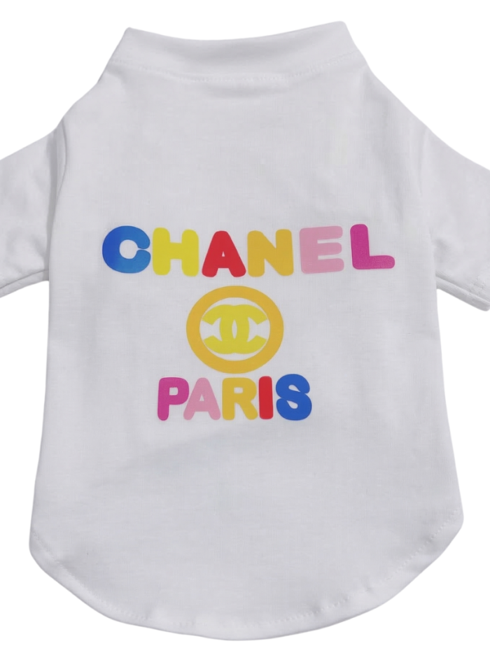 White dog tee with multicolor CHANEL PARIS graphic and yellow circular logo Chanel style