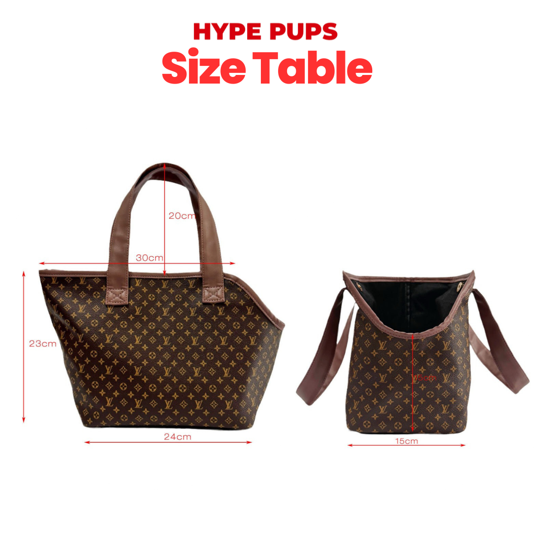 Designer dog carrier size chart showing dimensions 30cm width 23cm height