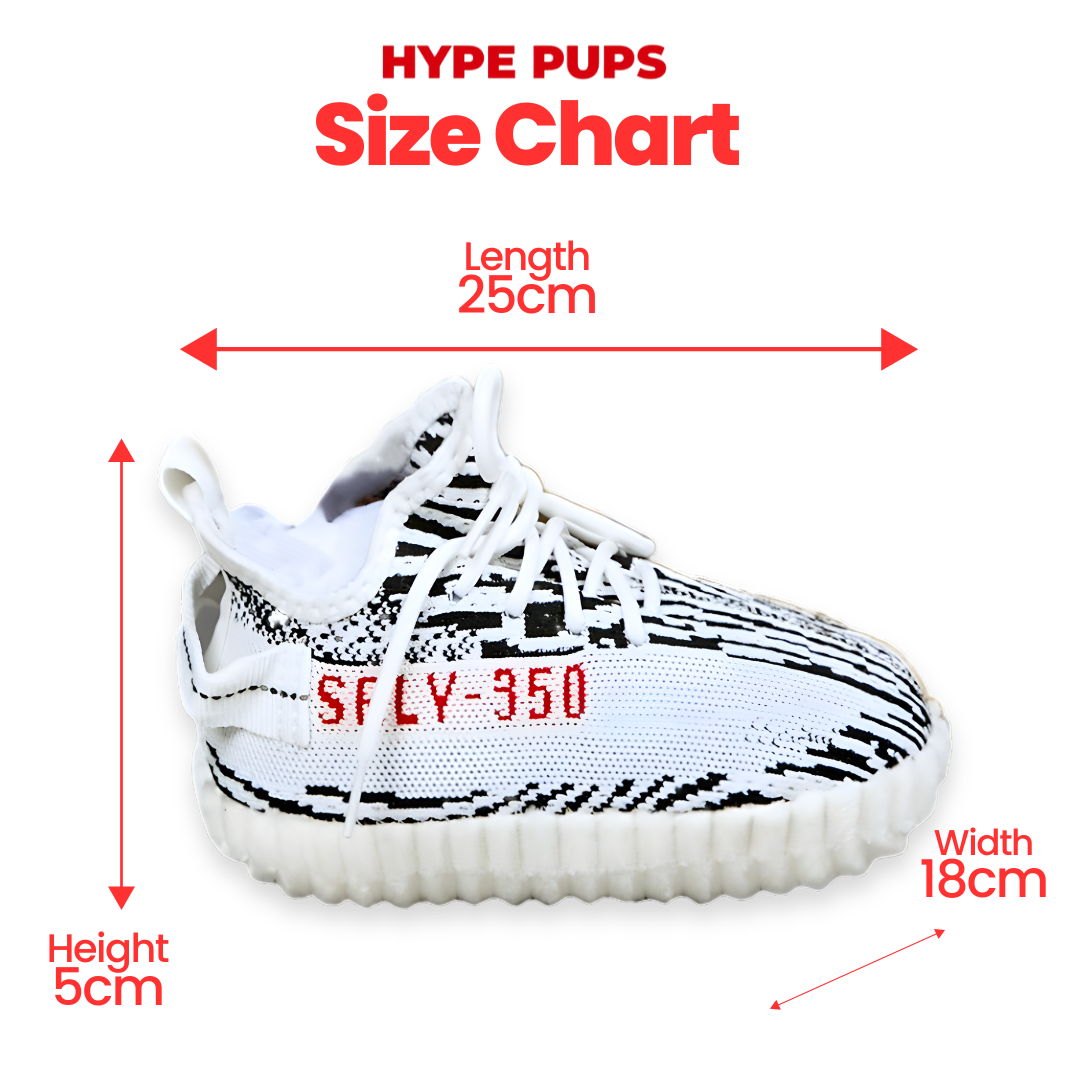 Adidog zebra stripe plush toy size chart showing 25cm length sneaker dog toy