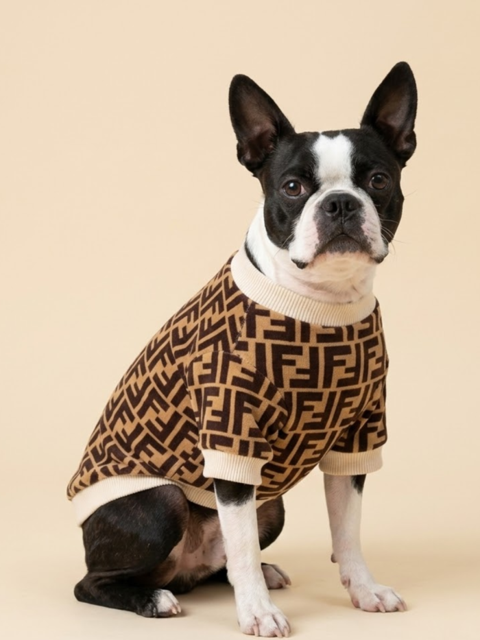 Boston Terrier wearing brown FF monogram sweater Fendi style with cream ribbed collar