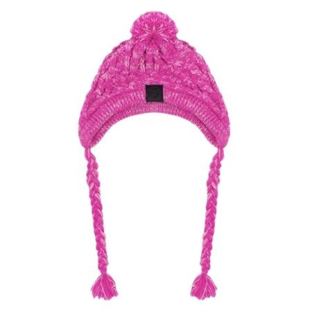 Pink cable knit dog beanie with pom detail and braided ties on white background