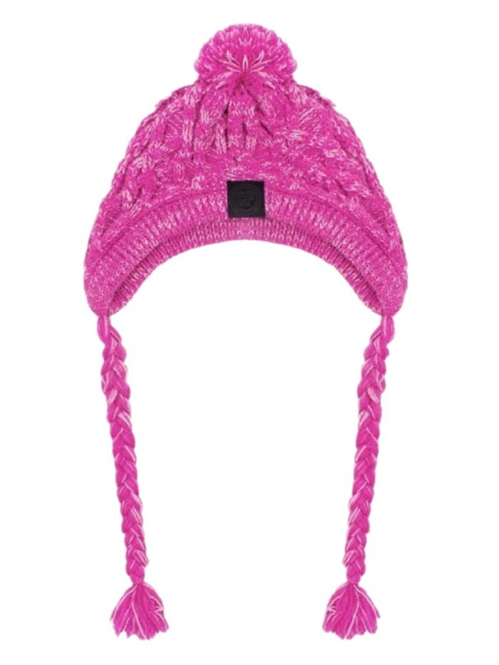 Pink cable knit dog beanie with pom detail and braided ties on white background