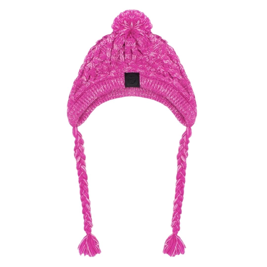 Pink cable knit dog beanie with pom detail and braided ties on white background