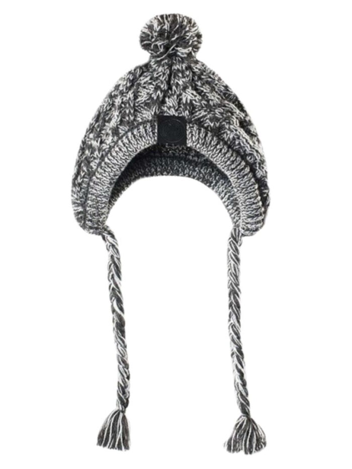 Grey cable knit dog winter hat with pom and braided ear flaps on white background