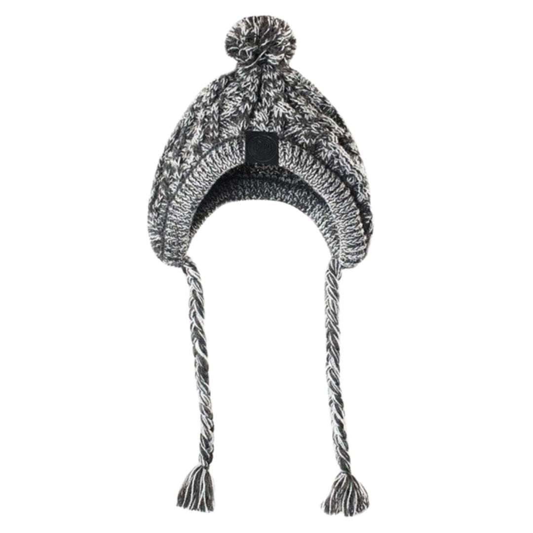 Grey cable knit dog winter hat with pom and braided ear flaps on white background
