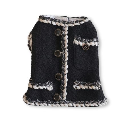 Black tweed dog vest with gold chain trim Chanel inspired button closure