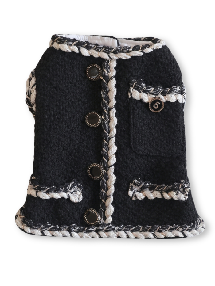 Black tweed dog vest with gold chain trim Chanel inspired button closure