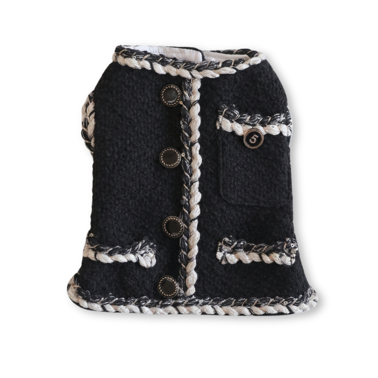 Black tweed dog vest with gold chain trim Chanel inspired button closure