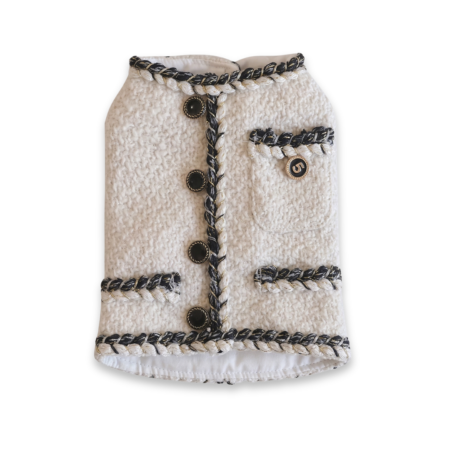 White tweed dog vest with chain link detailing Chanel style structured fit