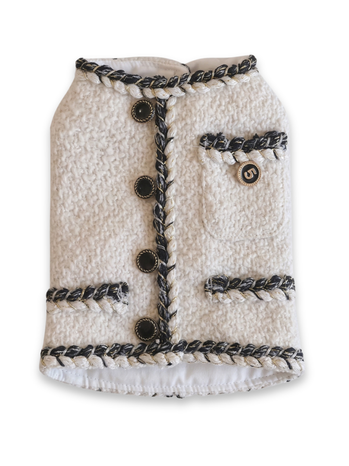 White tweed dog vest with chain link detailing Chanel style structured fit