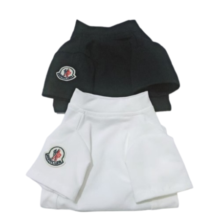 White cotton dog tee with black Moncler logo badge, minimalist design