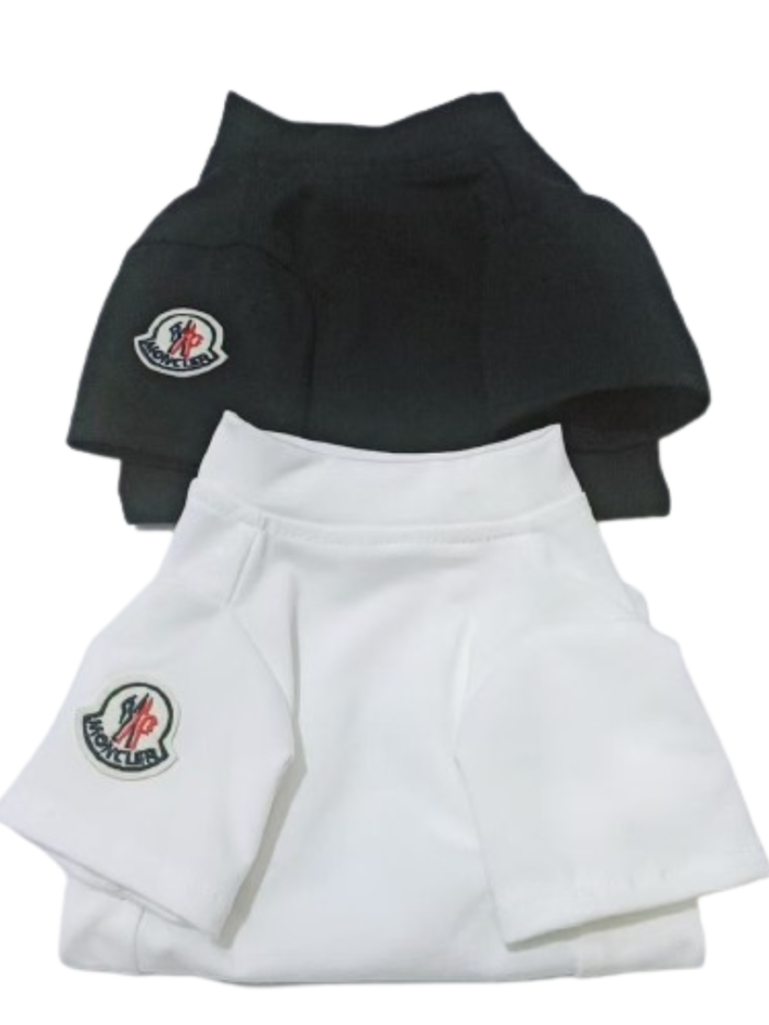 White cotton dog tee with black Moncler logo badge, minimalist design