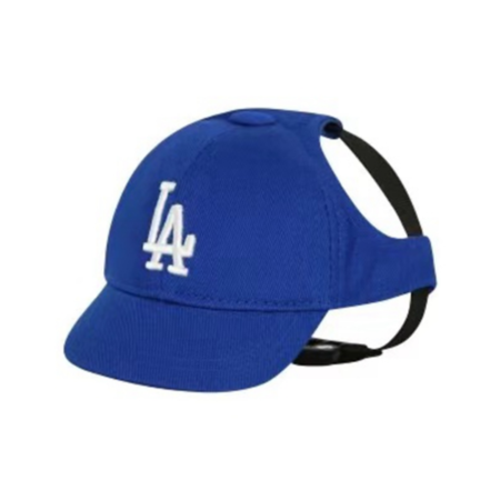 Royal blue cotton baseball cap with white LA logo and black chin strap