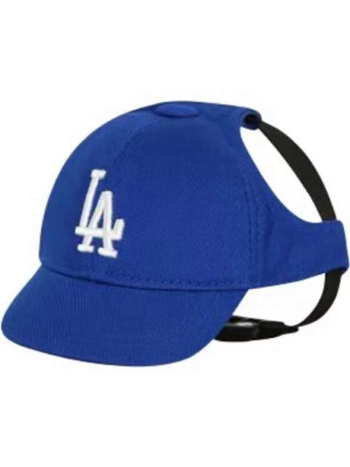 Royal blue cotton baseball cap with white LA logo and black chin strap
