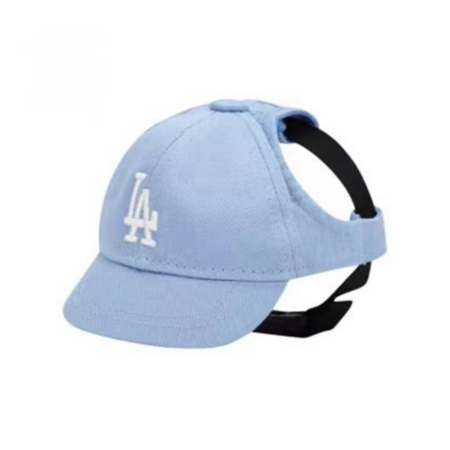 Light blue cotton baseball cap with white LA logo and adjustable black chin strap