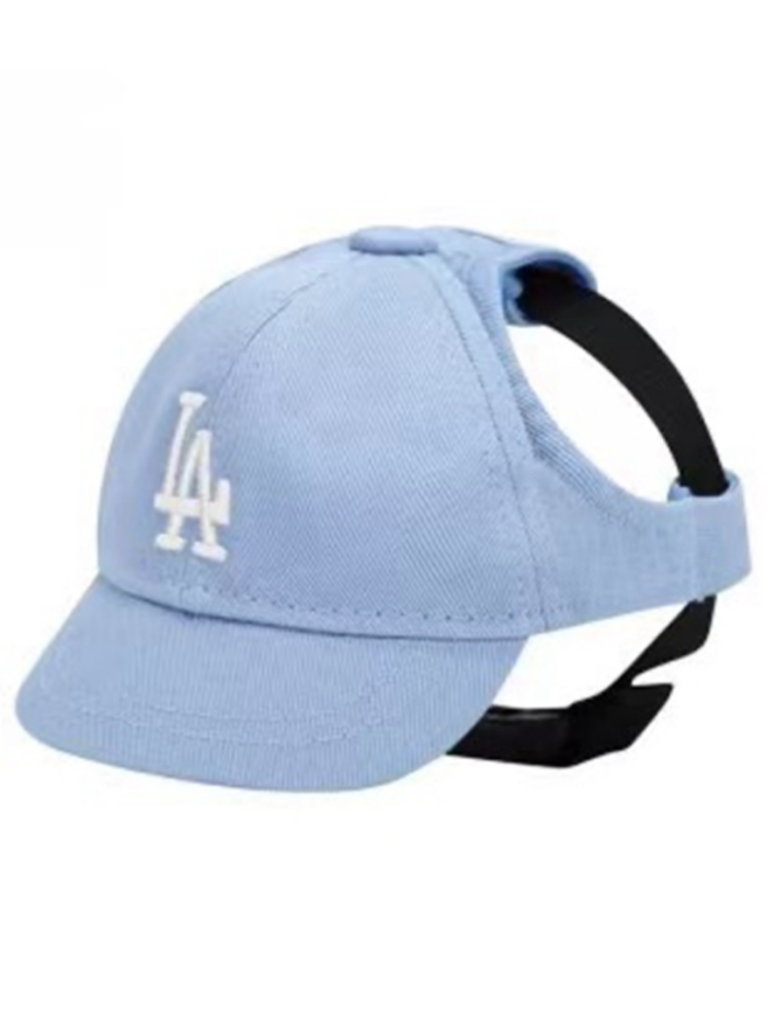 Light blue cotton baseball cap with white LA logo and adjustable black chin strap