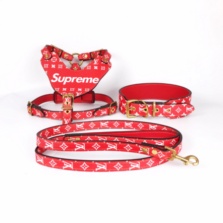 Red Supreme box logo on Louis Vuitton monogram dog harness collar leash set with gold hardware