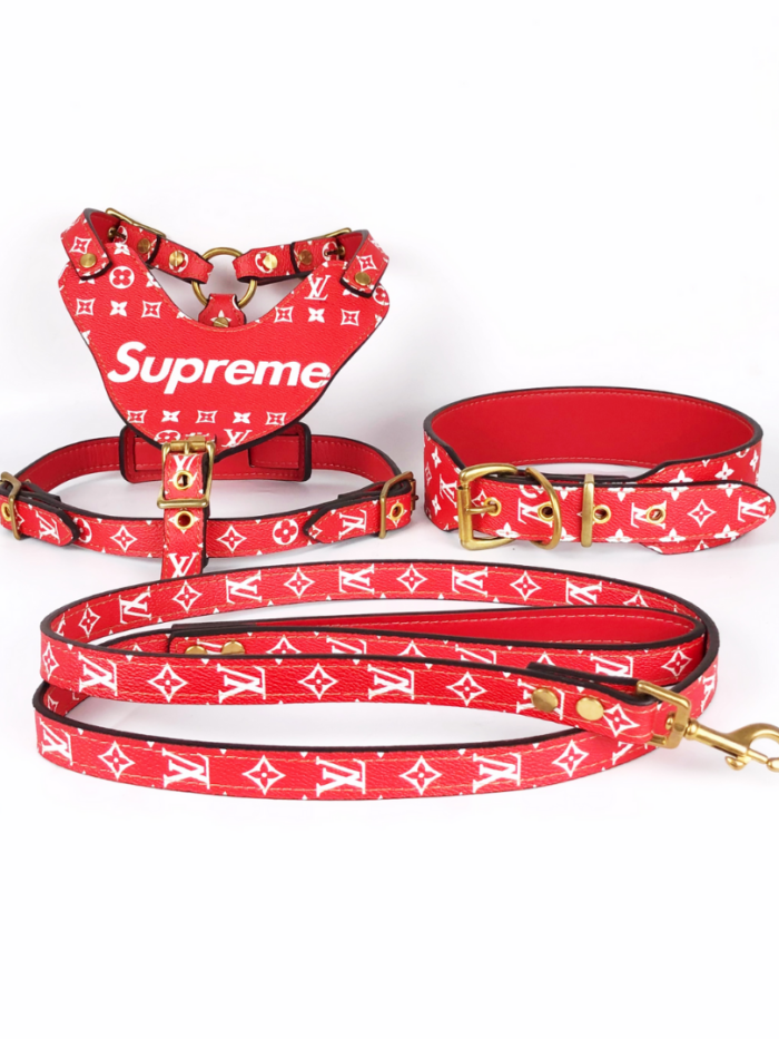 Red Supreme box logo on Louis Vuitton monogram dog harness collar leash set with gold hardware