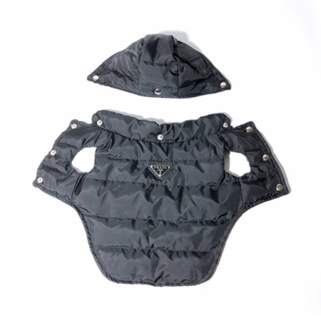 Black quilted puffer dog vest with detachable hood Prada inspired triangle logo