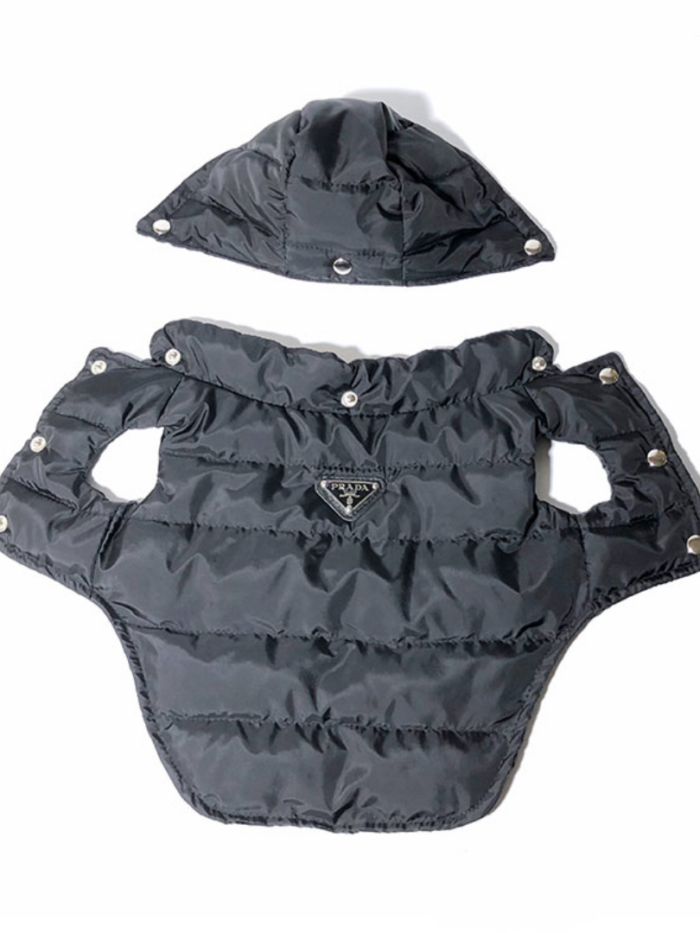 Black quilted puffer dog vest with detachable hood Prada inspired triangle logo