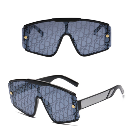 Designer dog sunglasses with Dogior oblique monogram pattern in blue/black colorway