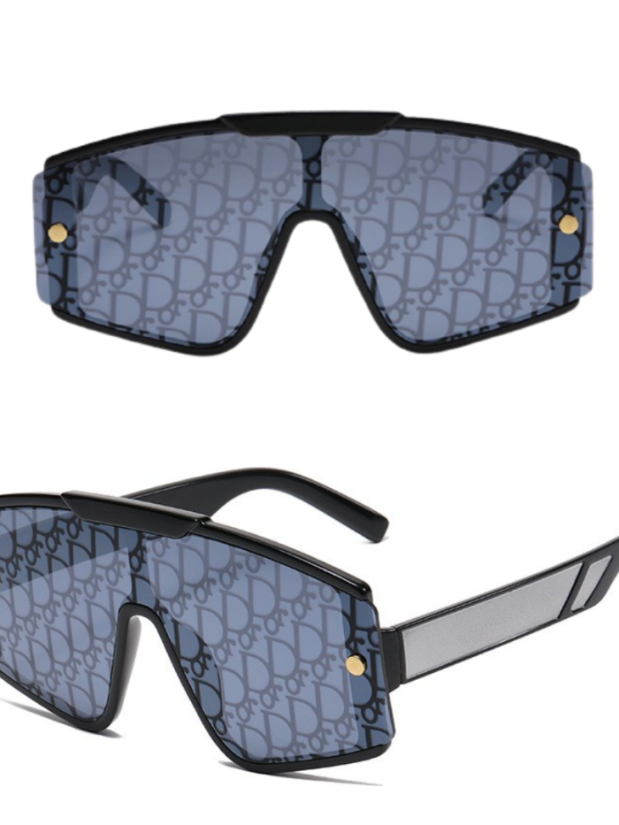 Designer dog sunglasses with Dogior oblique monogram pattern in blue/black colorway