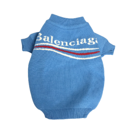 Blue knit dog sweater with Balenciaga logo lettering on white background