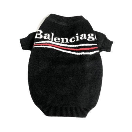 Black knit dog sweater with Balenciaga logo lettering on white background