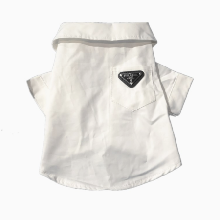 White collared dog shirt Prada style with structured collar and chest pocket