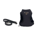 Black nylon dog harness and leash set with triangle Prada logo inspired design