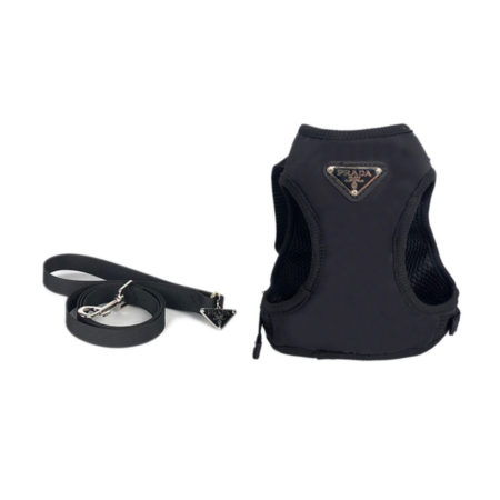 Black nylon dog harness and leash set with triangle Prada logo inspired design
