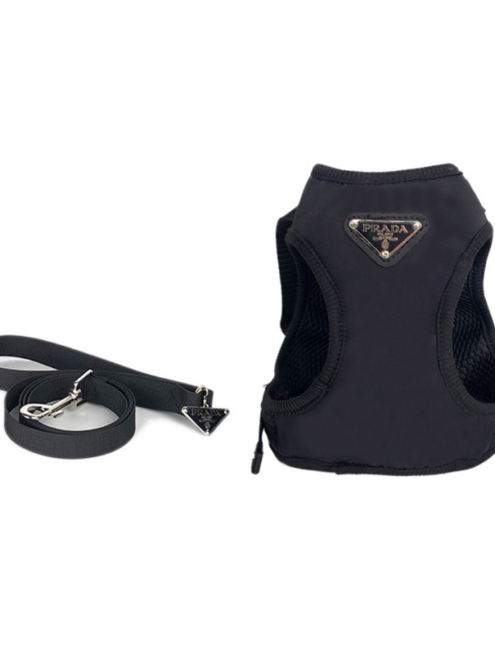 Black nylon dog harness and leash set with triangle Prada logo inspired design